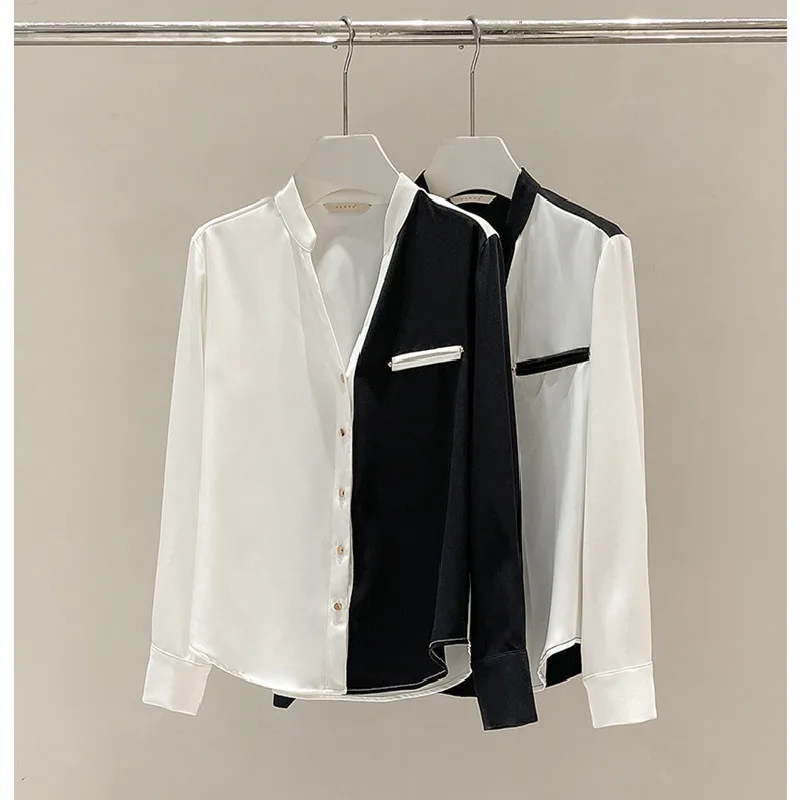 Autumn OL Blouses Chic Women's High Quality Black/White Patcwork V-neck Elegant Shirt Tops B907