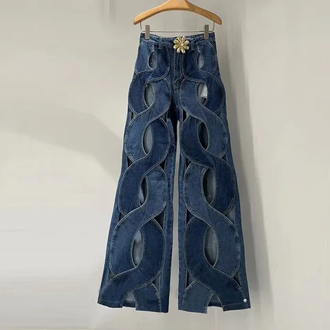 Пикантные джинсовые брюки с перекрестным вырезом для женщин 2024 модная уличная одежда с высокой талией повседневные Прямые расклешенные брюки женские синие джинсы Y2K