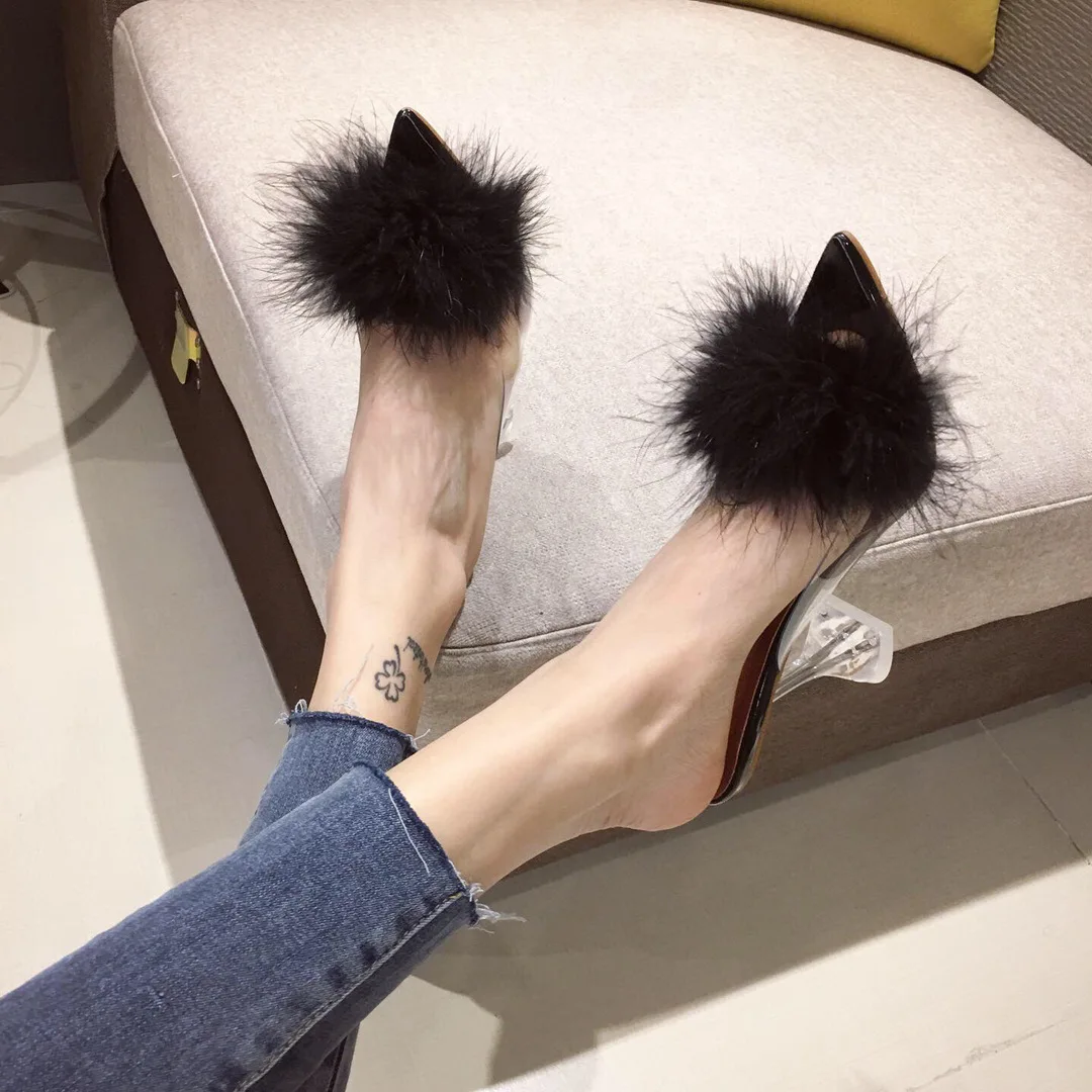 

Women's shoes large size wine glass crystal heel foreign trade explosion models female high heel sandals rabbit hair