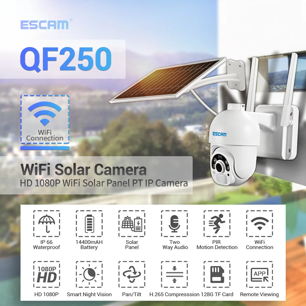

ESCAM QF250 1080P Облачное хранилище, Wi-Fi батарея, пик сигнализация, купольная IP-камера с солнечной панелью, полноцветное ночное видение, двухсторон...
