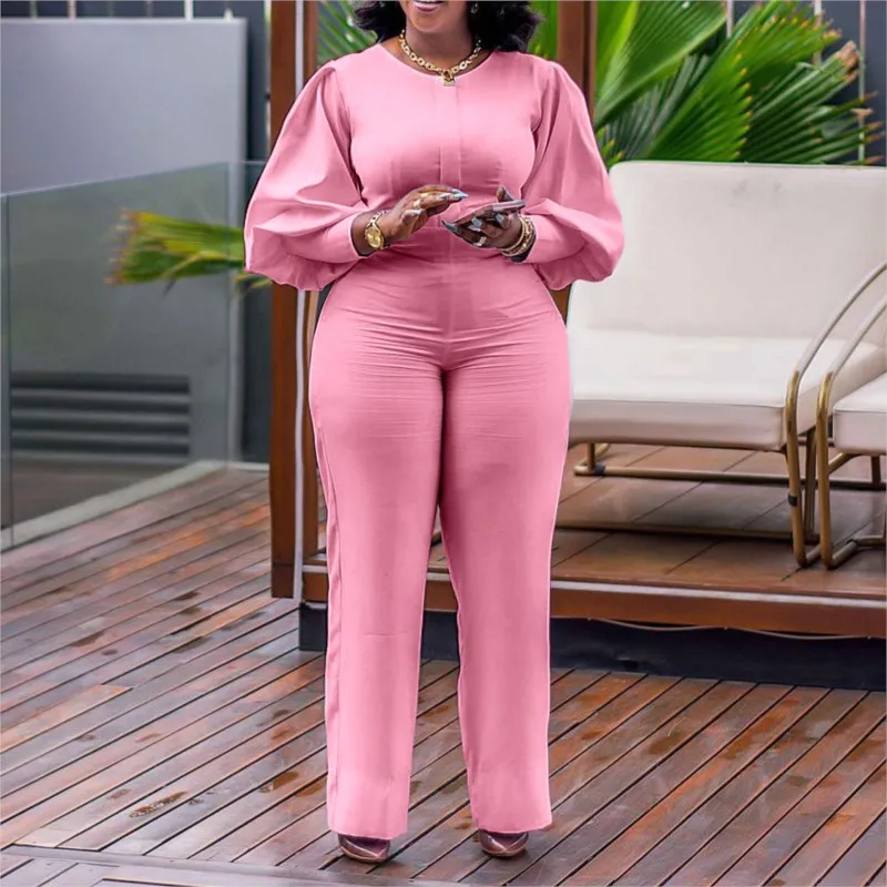 Fashion Puff Sleeve Jumpsuit Women's 2022 Fall Winter New Round Neck Solid Color Party Rompers Office Lady Bazin Baggy Pants