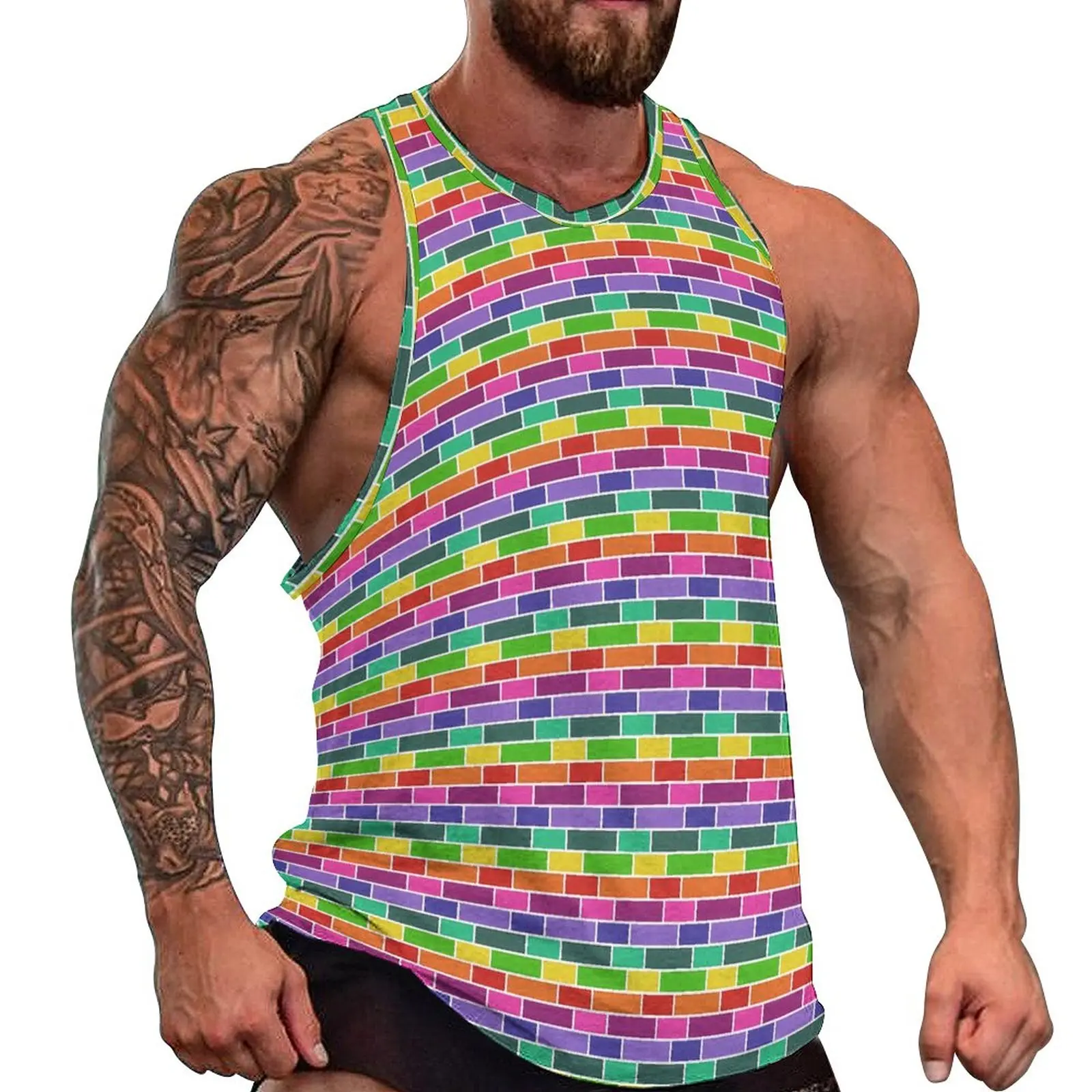 

Retro Mod Print Tank Top Man's Neon Geometric Cool Tops Summer Bodybuilding Graphic Sleeveless Shirts Large Size