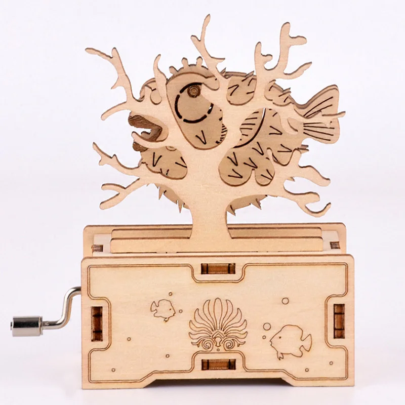 

DIY Puzzle Wooden Music Box Lantern Fish Hippocampus Octopus Black Scraper Gill Porpoise Hand-cranked Jigsaw Music Boxes