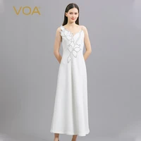 voa silk 60mm heavy white womens dress v neck adjustable shoulder straps waist slim woman party long dress vestidos ae1283