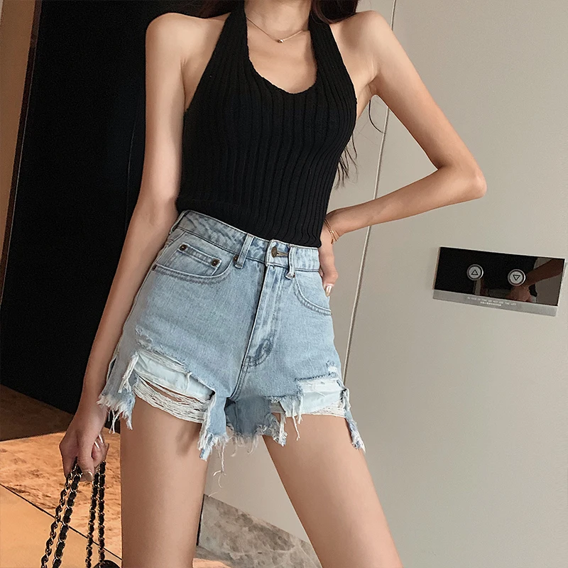 Women Summer Denim Shorts Jeans Raw Edge Hole Hollow Y2k Fashion Women's Pants High Waist Clothes Korean Style Knickers Clothing