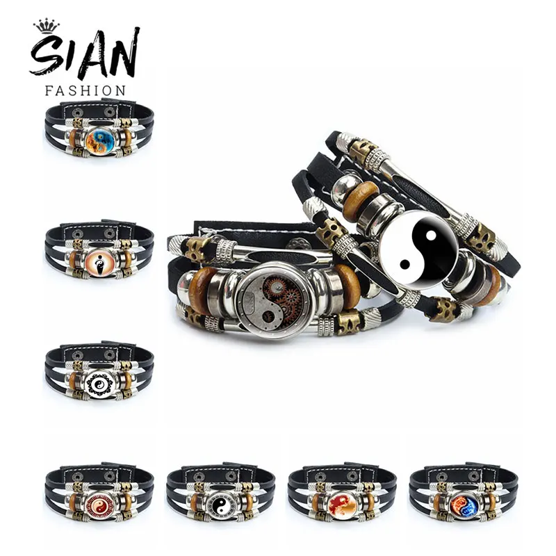 Купи Vintage Tai Chi Leather Bracelet Chinese Bagua Yin Yang Bracelets Round Glass Cabochon Pendant Bangles Jewelry Accessories Gift за 83 рублей в магазине AliExpress