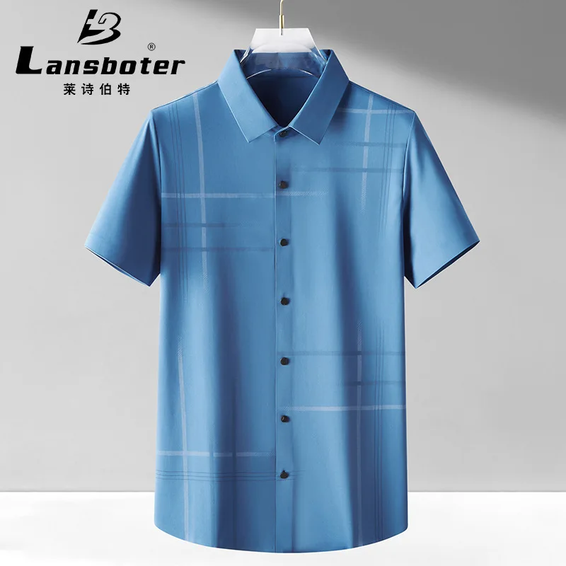 

Summer Blue New Trackless Elastic Short-sleeved Shirt Men's Slim Fitting Non-ironing Work Shirt Men's Checked Business