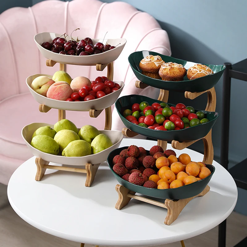 

2/3 Tiers Fruit Storage Display Plate Snacks Dessert Holder Bowl With Wood Shelf Party Kitchen Serving Platter Decor Storage Box