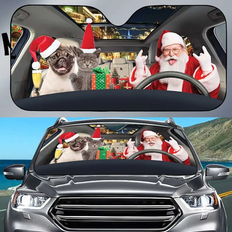 

Christmas Town Xmas Santa Cat Dog Xmas Party Sunshade Cat Lover Sunshade ,Premium Car Sunshade