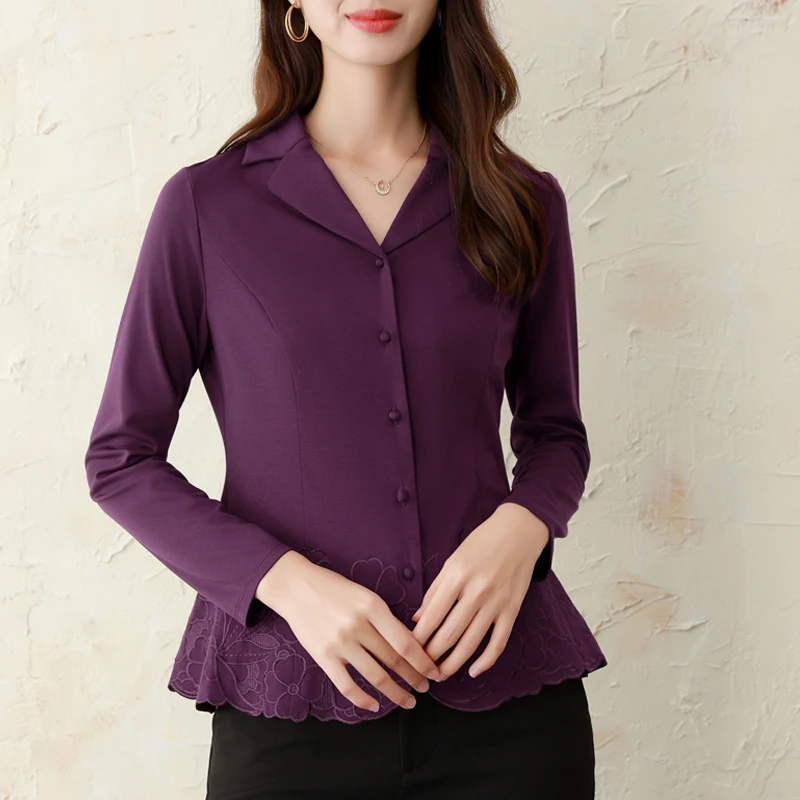Элегантные фиолетовые вышитые женские рубашки Осень-Зима базовые Топы с длинным