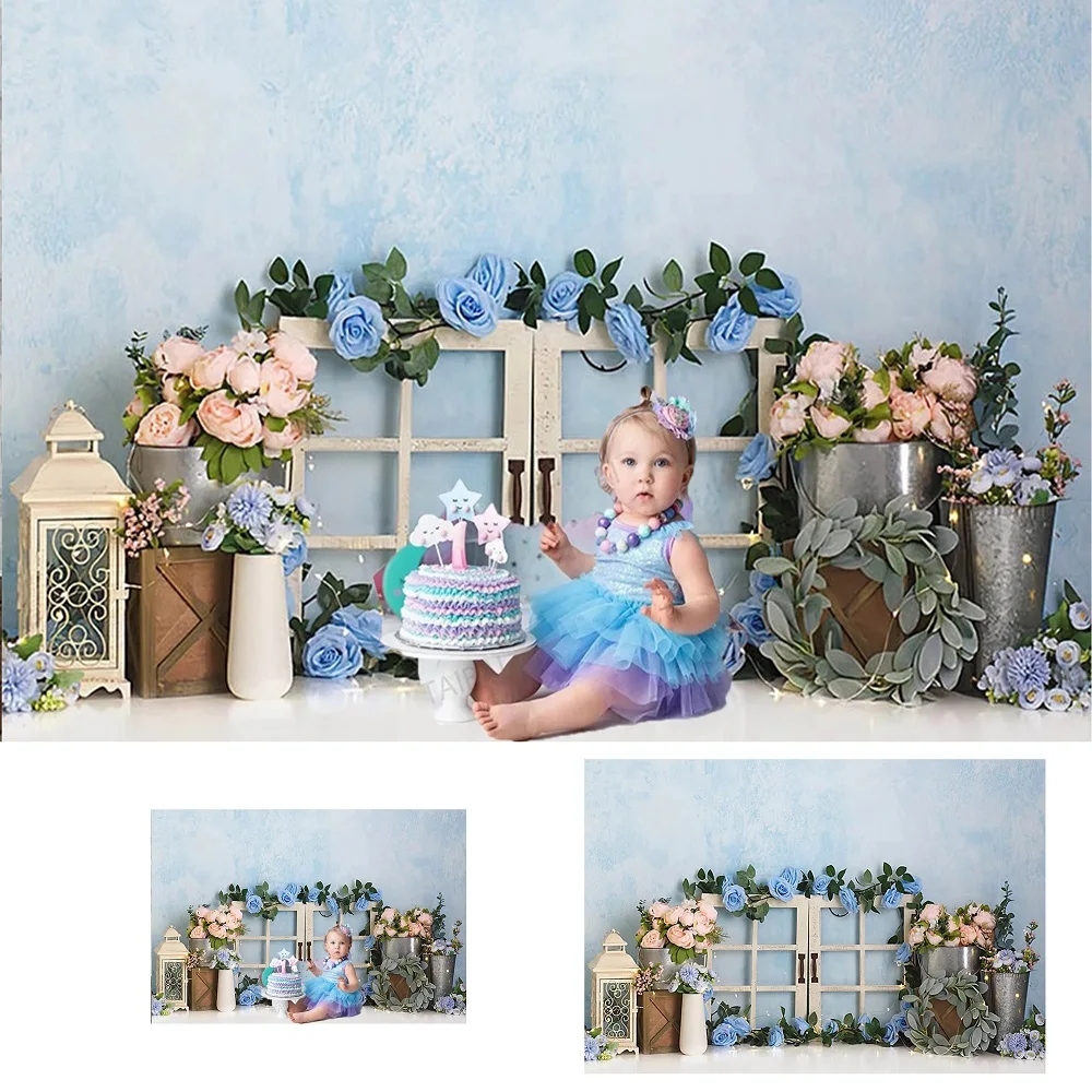 Girls Photography Background Blue Flower Garden Children Girl 1st Birthday Party Cake Smash Decor Backdrops Photo Studio Poster