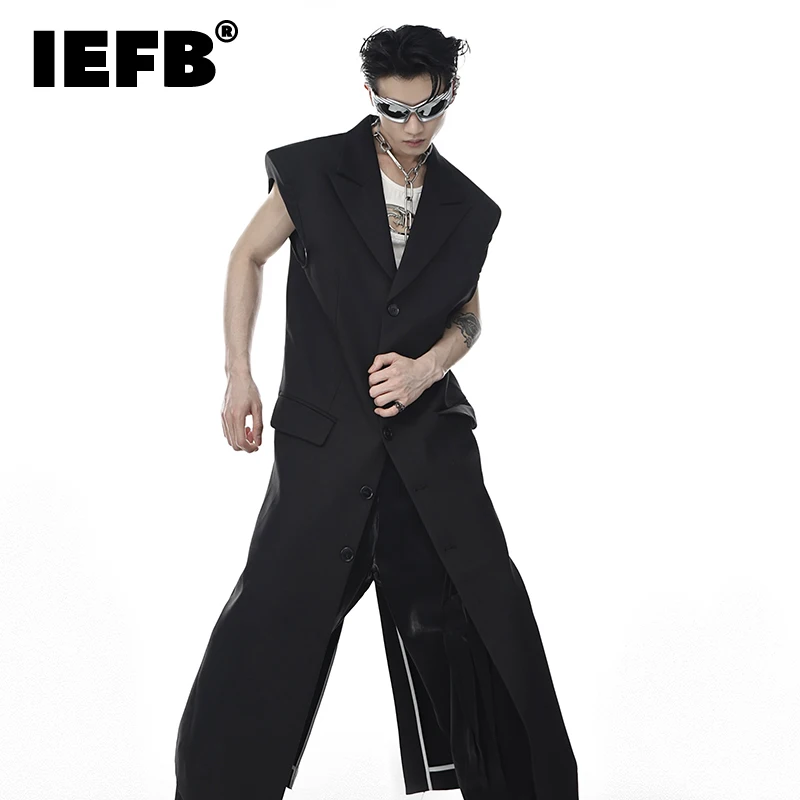 

IEFB High Street Men's Trendy Suit Vests Niche Deconstruction Shoulder Pad Tank Top Summer New Knee Lenght Trench Coat 9C178