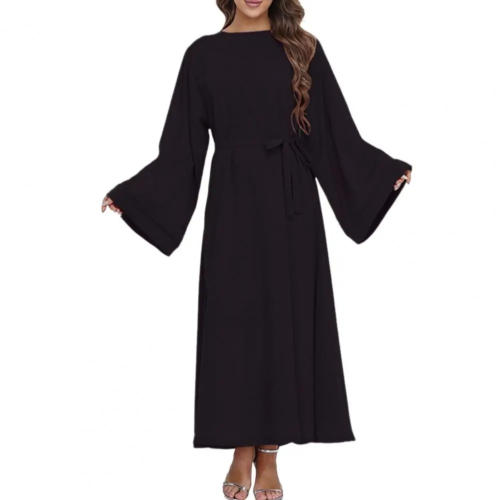 

O-neck Long Sleeve Lace-up Robe Dress Elegant Solid Color Large Hem Traditional Dress Female Clothing Muslim Women Long Gown