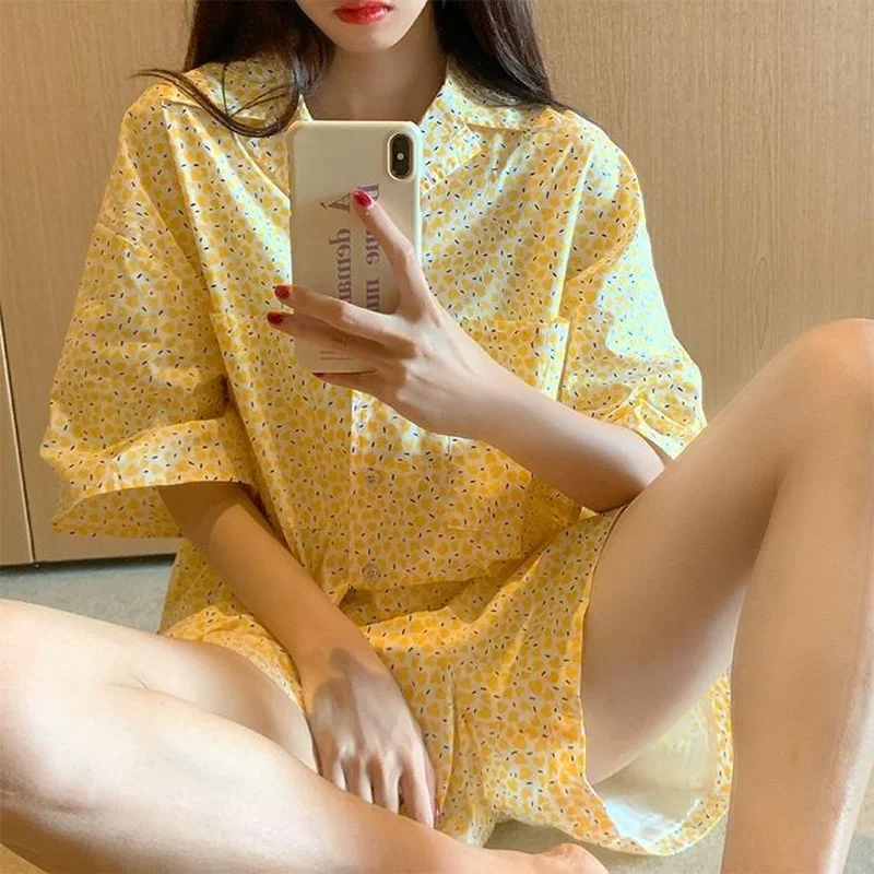 Qweek Women Clothing Sets Summer Plus Size Pajamas Summer Night Home Suit Floral Pyjamas Korean Style Pijamas Sleepwear Cute