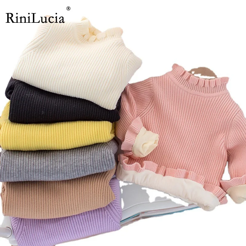 

RiniLucia Winter Thick Sweaters Girls Knitted Bottoming O-neck Shirts Kids Solid Ruffles Pullover Sweater Warm Knitwear