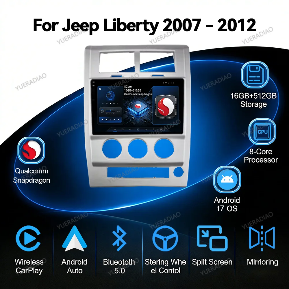Фото Автомагнитола Android 17 для Jeep Cherokee Liberty KK 2007-2012, мультимедийная система с CarPlay, Bluetooth, сенсорным экраном 2K QLED и DVD №1