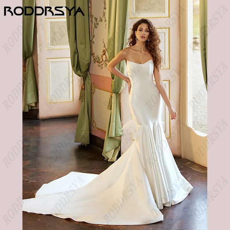 

RODDRSYA Simple Mermaid Wedding Dresses For Women Soft Satin Strapless Bridal Gown Backless Sleeveless Bow Vestidos De Novia