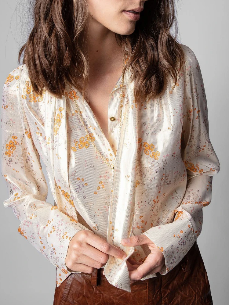 Women Shirt 2022 Spring/Summer Floating Collar Floral Print Long Sleeve Ladies Casual Shirt Top