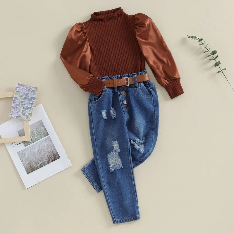

Kids Girl Pant Sets Outfits Spring Autumn Clothes Rib Knit Mock Neck Long Sleeve Tops Elastic Waist Ripped Jeans with Belt