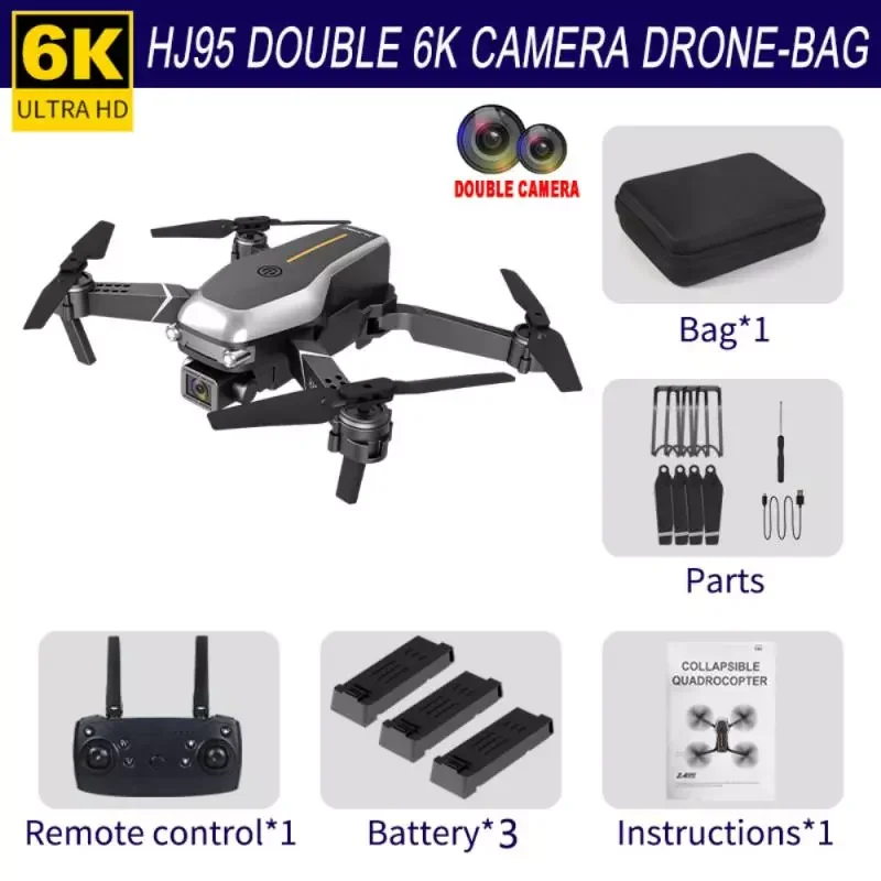 

2021 HJ95 Foldable Drone RC Quadcopter With 6K Dual Cameras Headless Mode Height Hold 3D Flip Trajectory Professional Photograph