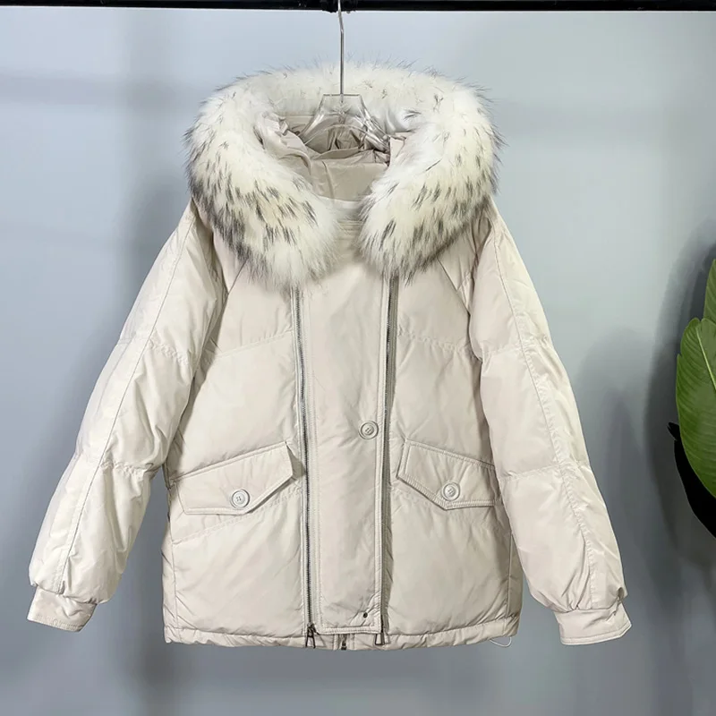 2022 Winter New Down Jacket Women's Short Korean Version Big Fur Collar Fashion Loose Thick Warm White Duck Down Coats Female