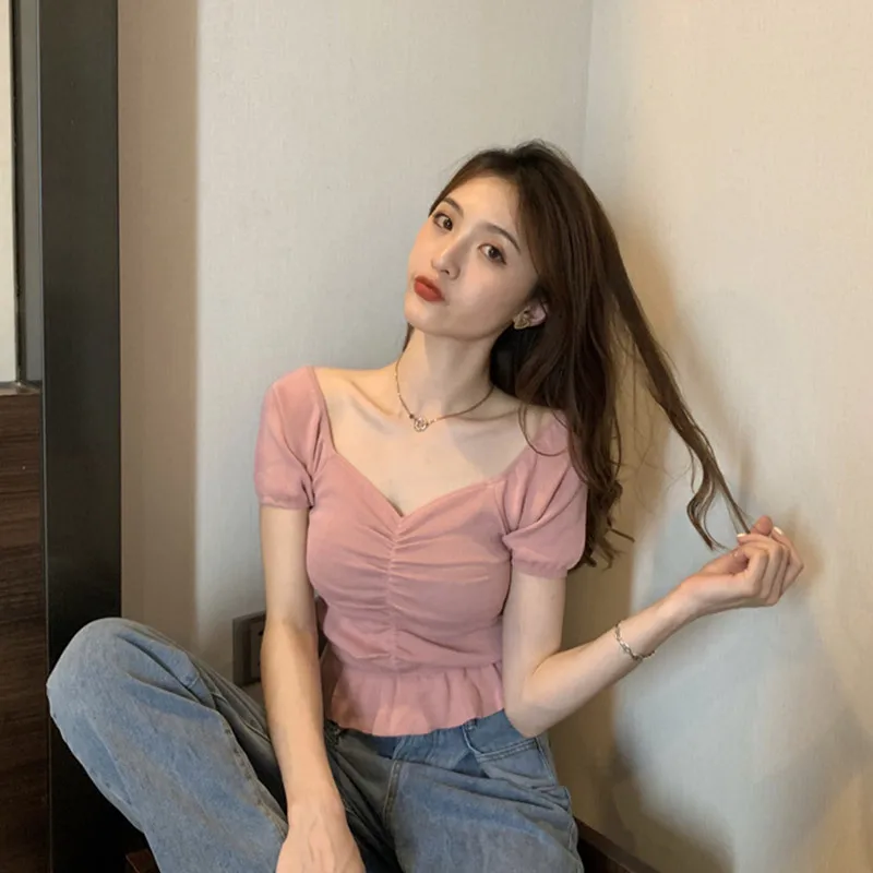 

Женская футболка с V-образным вырезом, однотонная короткая футболка с пышными рукавами и высокой талией до ключиц, лето 2022