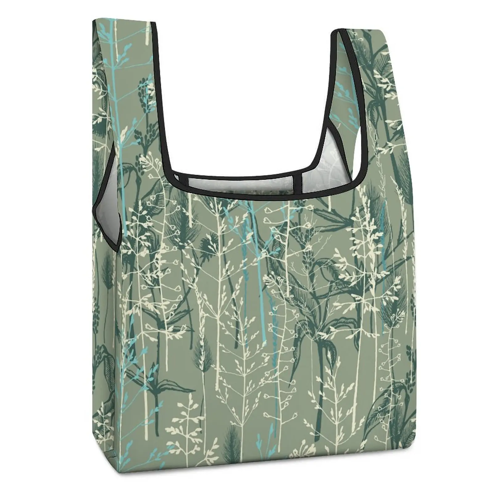 Custom Pattern Waterproof Foldable Shopping Bags Green Plain Print Bag Portable Folding Tote Bag Handbag Straps for Crossbody