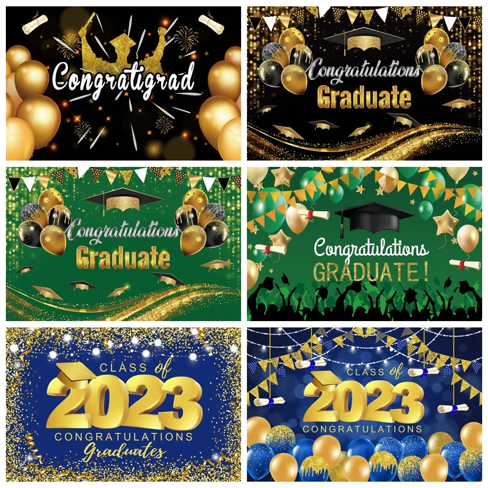 

Congratulations 2023 Graduation Backdrop For Photography Gold Glitter Balloons Bachelor Caps Graduation Party Background Props
