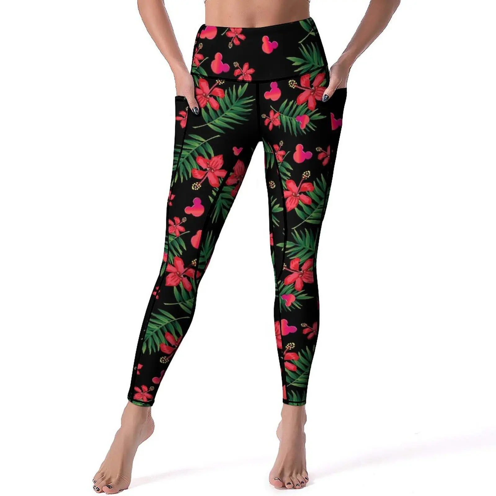 

Floral Mickey Ears Yoga Pants Pockets Female Green Leaf Print Leggings Sexy Push Up Aesthetic Yoga Sports Tights Running Leggins