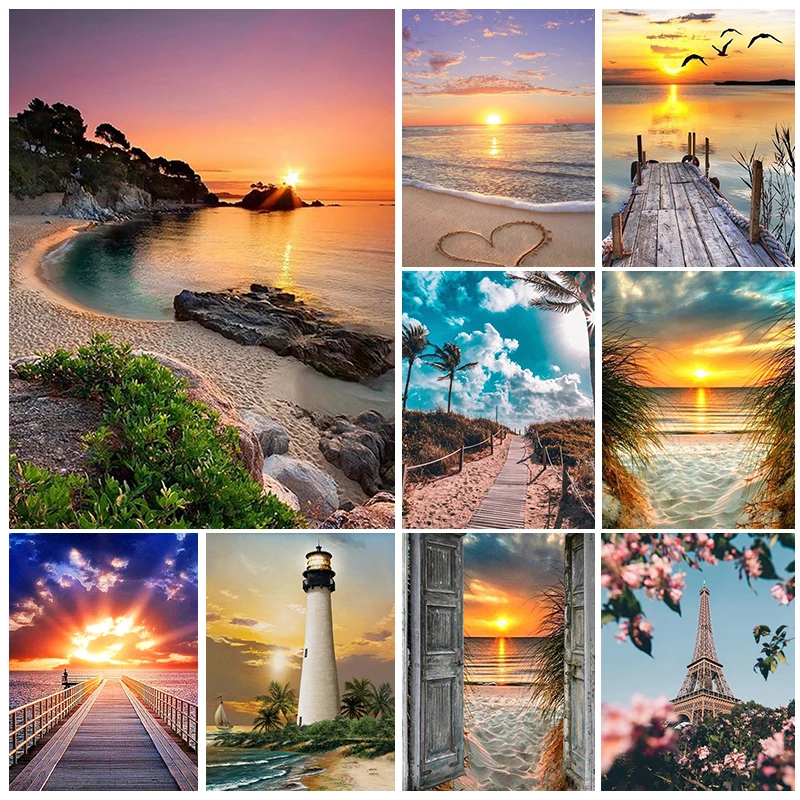 

DIY 5D Diamond Painting Kits Seaside Sunset Scenery Diamond Mosaic Beach Landscape Rhinestone Embroidery Home Decor Mosaic Gifts