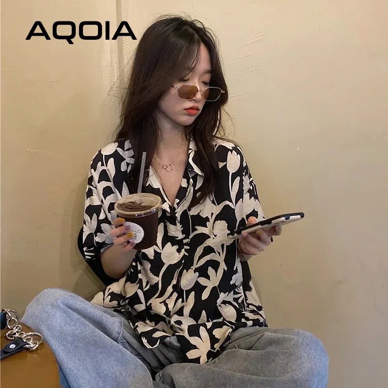 

Chic Floral Printing Button Up Women Shirt Oversize Short Sleeve Office Lady Womens Blouse Summer Loose Female Shirts
