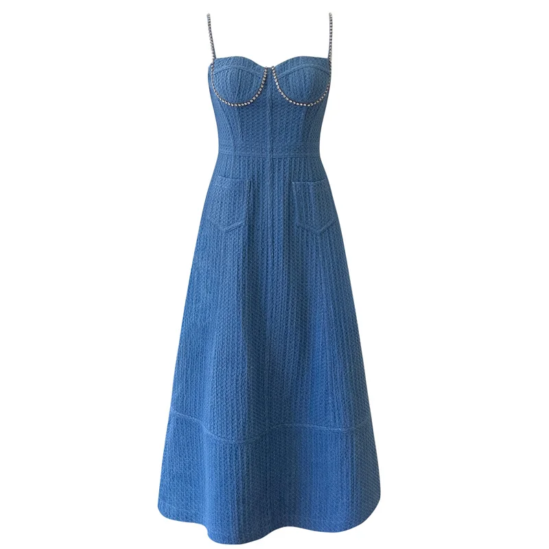 2023 Retro Diamonds Women Dress Blue Denim Long Dresses Fashion Shoulder Strap Slim A-Line Elegant Femal Summer Skirt