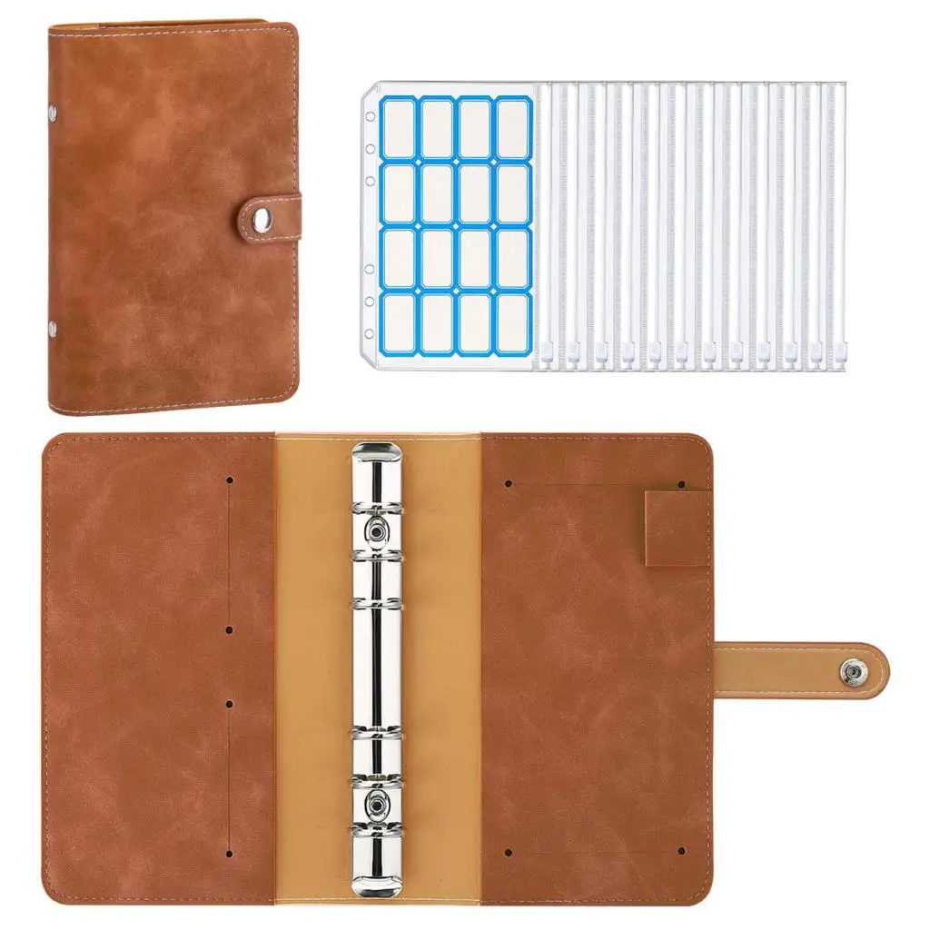 

A6 PU Leather Binder Notebook Budget Binder Folder Planner 12 Clear Cash Zipper Envelope,6 Ring Soft Cover Pockets Label Sticker