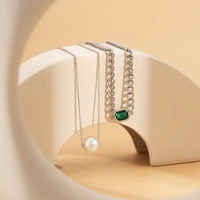 new fashion stacking style imitation pearl cross chain necklace sweet cool simple green imitation gemstone necklace
