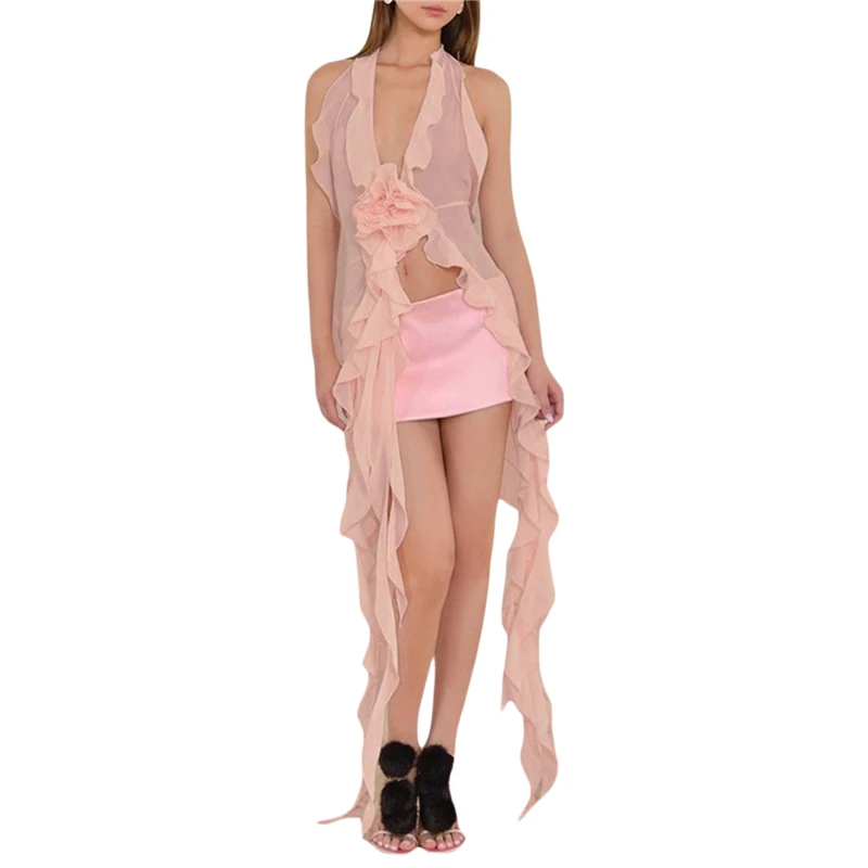 

Y2k волшебное платье с оборками, женское прозрачное Сетчатое платье без рукавов, с открытой спиной, с высоким разрезом и 3D цветами, однотонные платья с лямкой на шее, клубная одежда