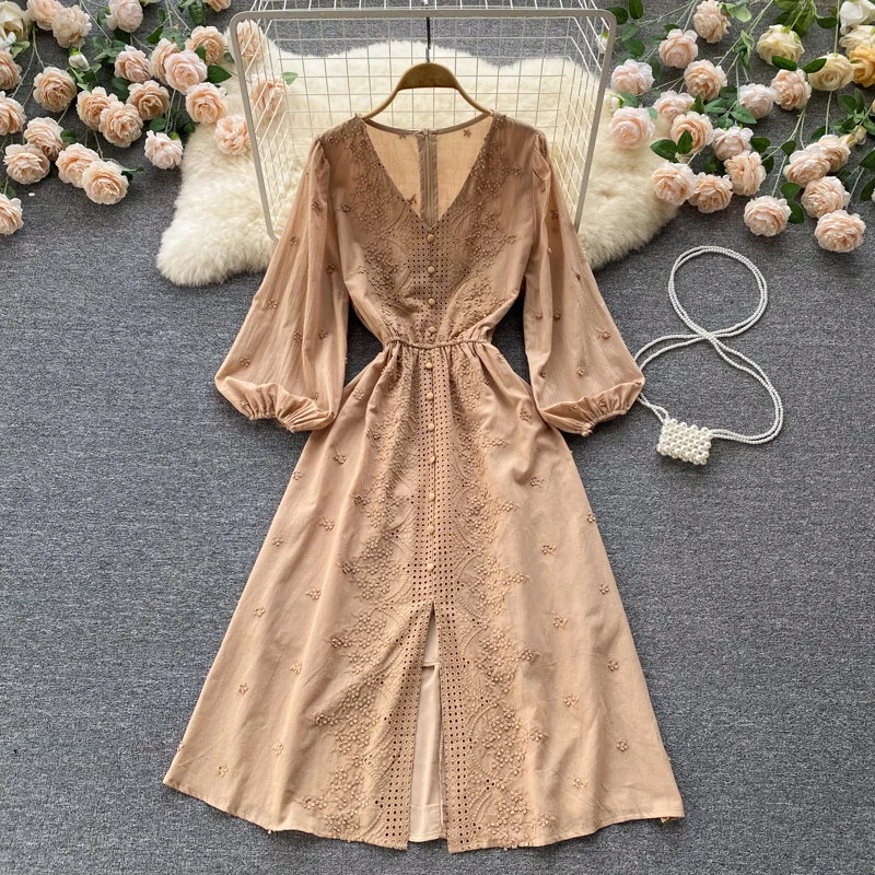 

Fitaylor New Spring Autumn Women Elegant V-neck Single Breasted Long Dress Female Casual Lantern Sleeve High Waist A-line Dress