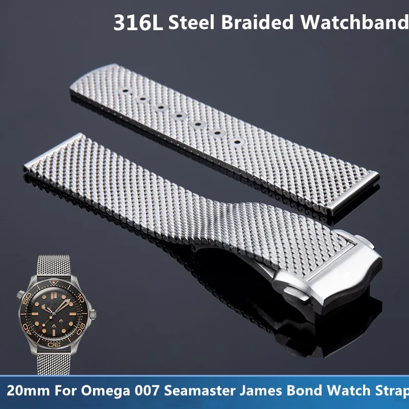 

20mm Original Quality 316L Steel Braided Watchband For Omega 007 Seamaster James Bond Watch Strap Band Deployment Buckle