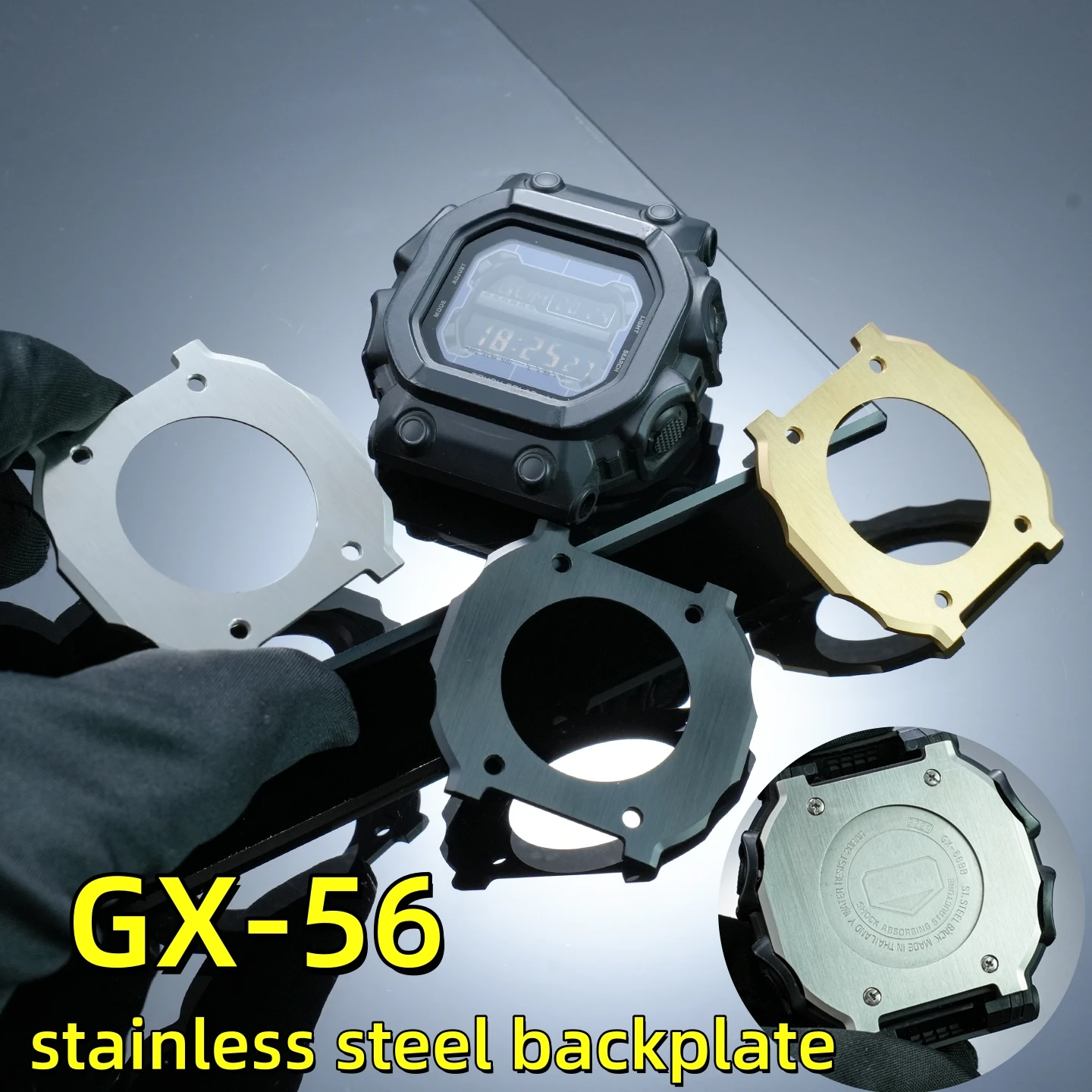 Фото Задняя панель из нержавеющей стали для Casio GX-56 G-SHOCK, 3 цвета: матовое серебро / матовый черный / золото, защита задней части часов №2