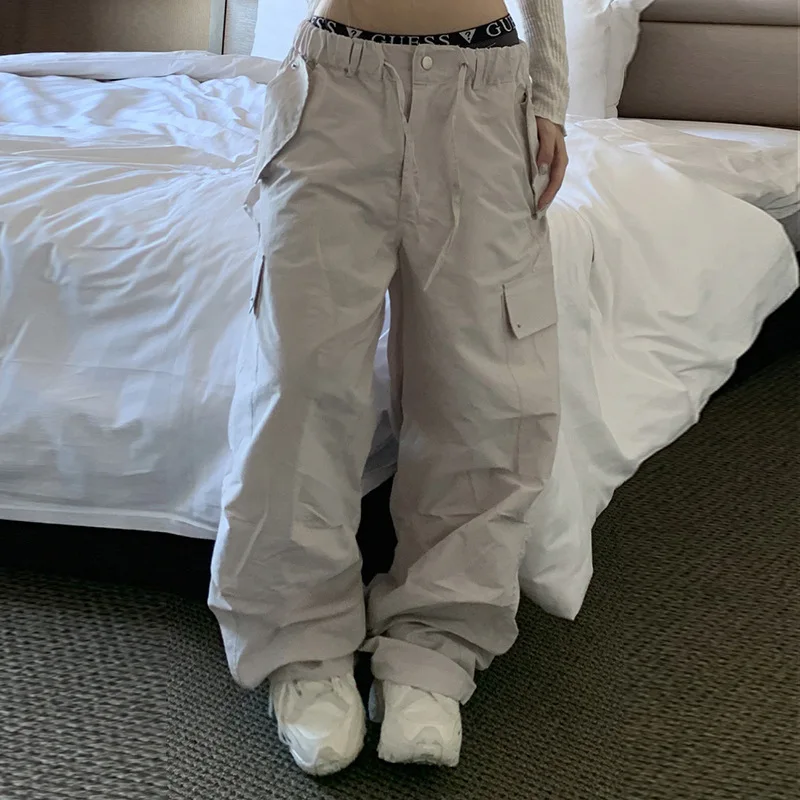 

Женские повседневные брюки с карманами, повседневные уличные штаны с прямым рукавом, серого и белого цвета, лето 2023