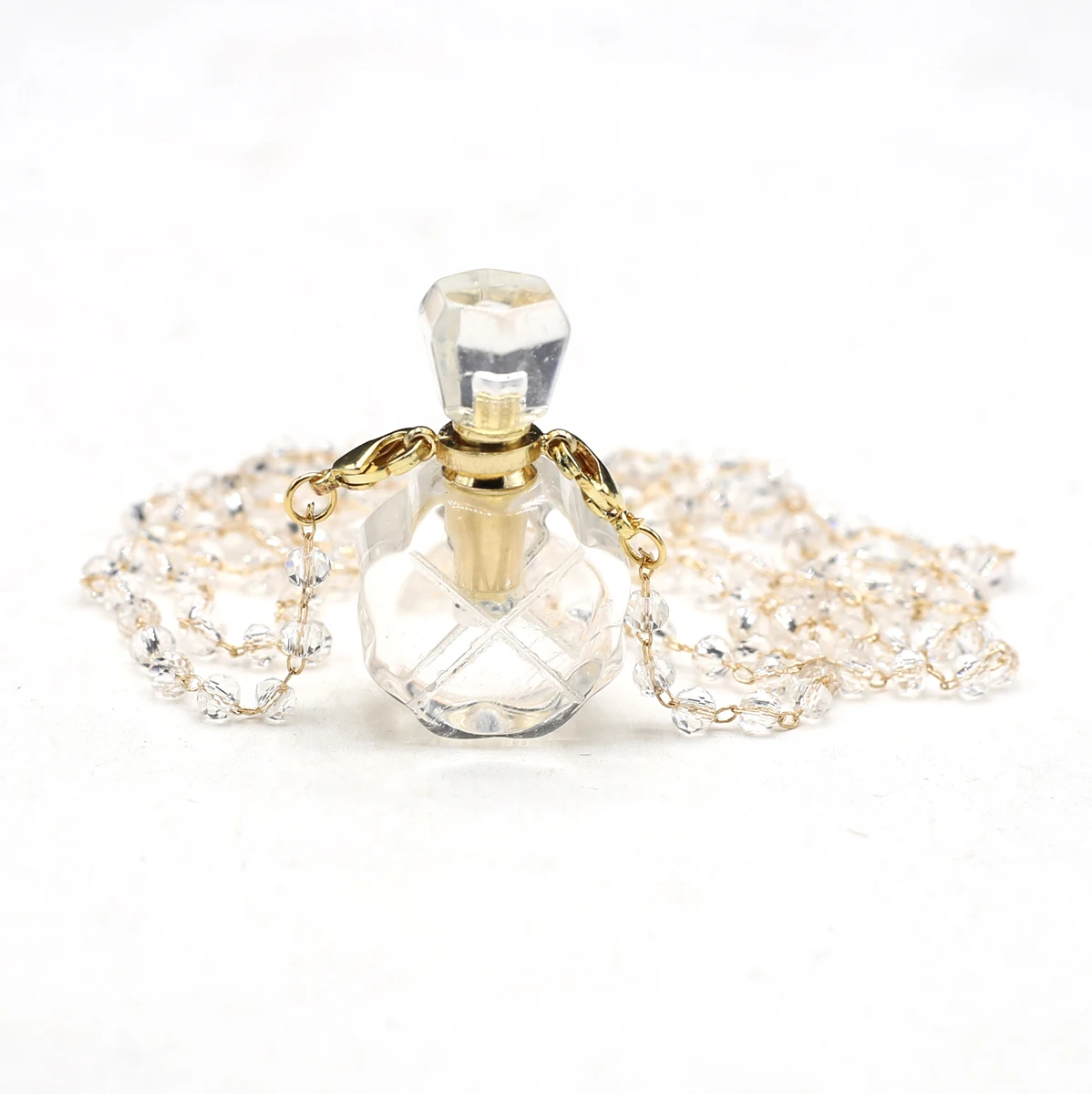 

Natural Stone White Crystal Clear Quartz Perfume Bottle Pendant Neck Chain Necklaces for Women Reiki Healing Choker Jewelry Gift