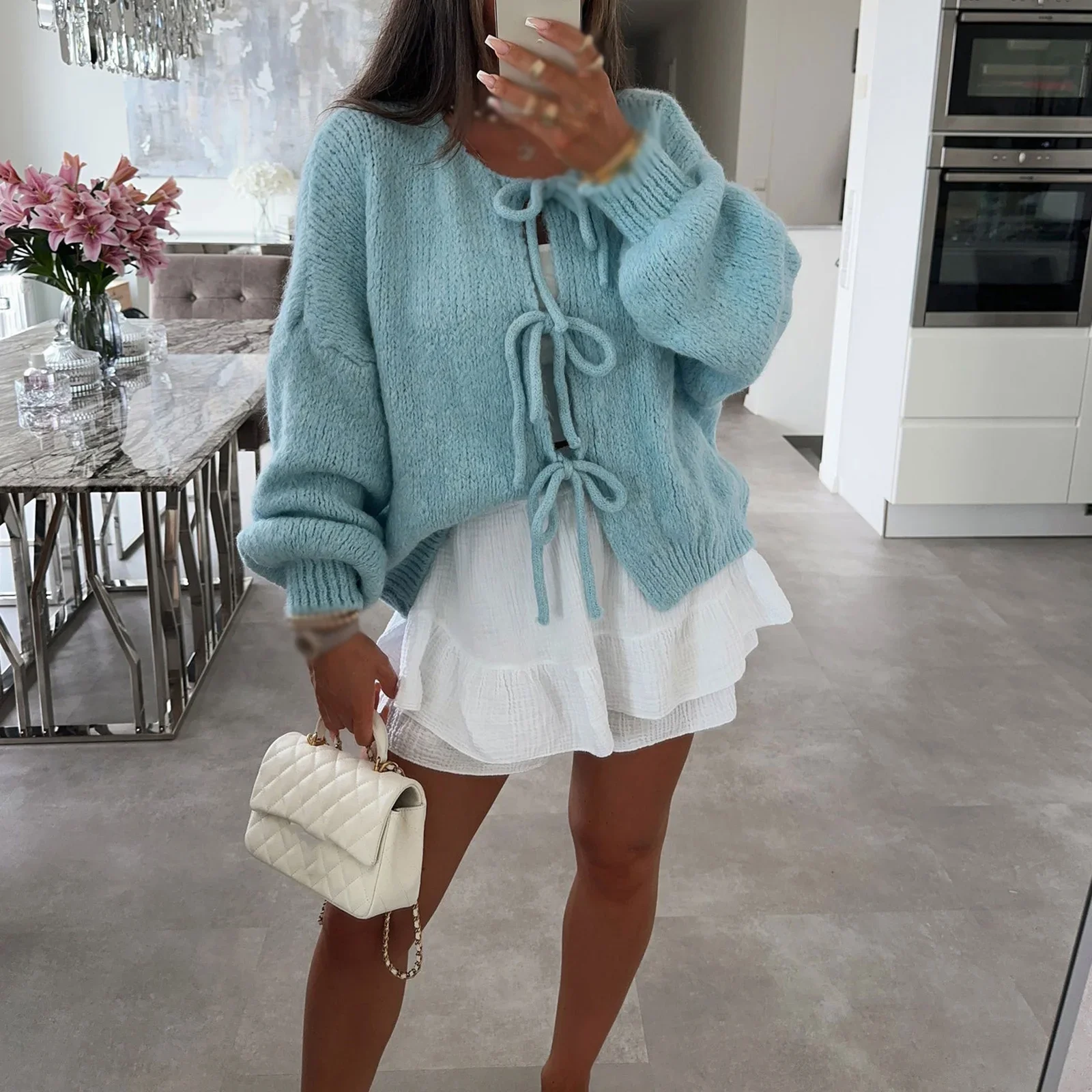 Женский трикотажный кардиган с круглым вырезом и длинным рукавом