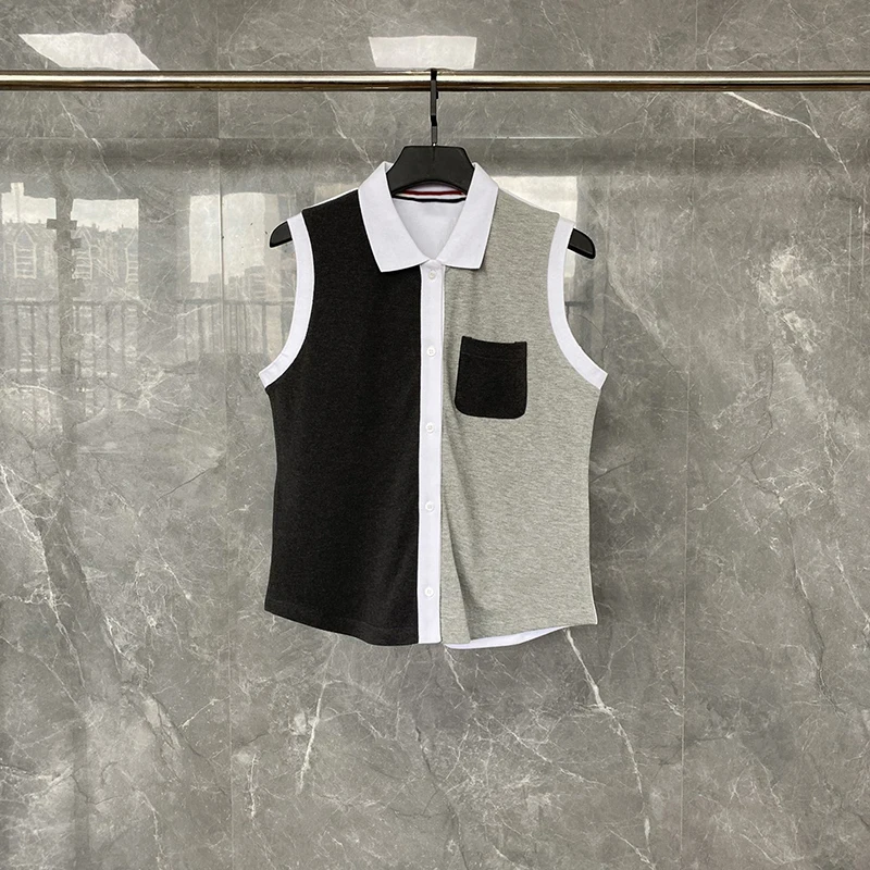 

TB THOM Shirts 2023 Women's All-match Temperament Women's SleevelessTops High Quality Wool New Contrast Color TB Shirts Female