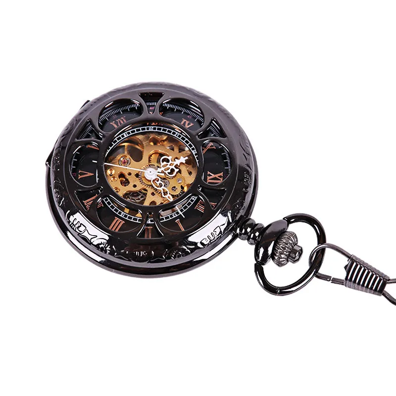 Luxury Black Mechanical Pocket Watch for Men Women Hollow Skeleton Case Roman Numeral Dial Fob Chain Pendant Clock Collection