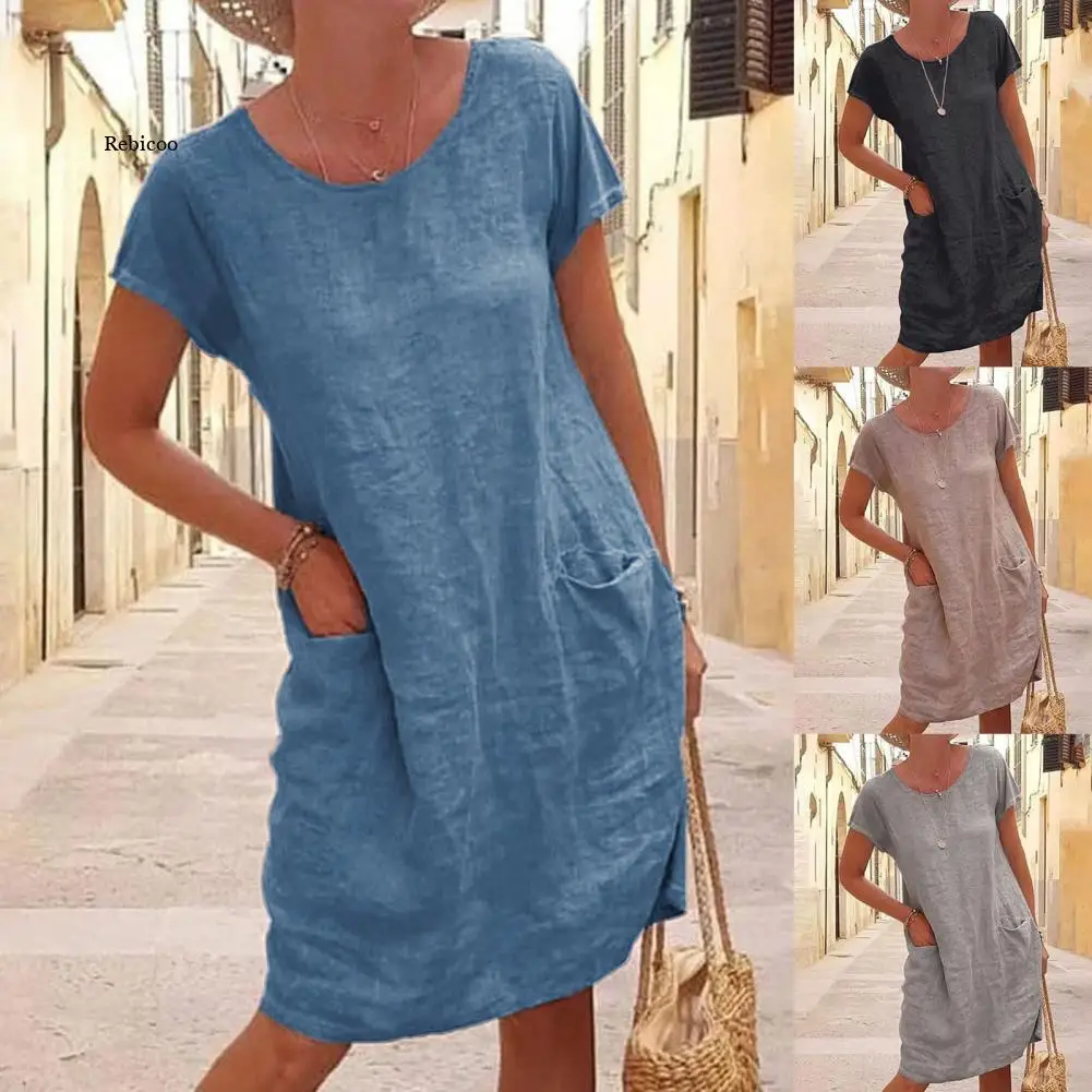 

Популярное женское платье, повседневное однотонное свободное летнее платье с коротким рукавом и круглым вырезом для повседневной носки, длинное платье 2022