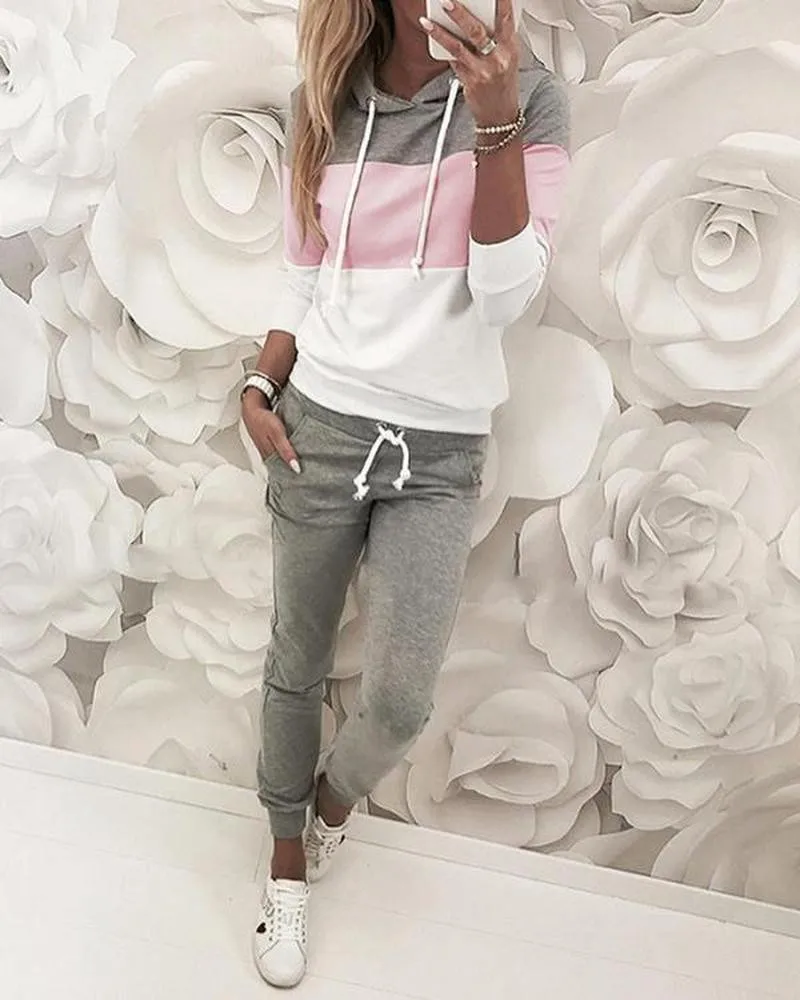 

New Spring tracksuit set women patchwork long sleeve hooded pullover + Drawstring pants Two piece sport set Lady Sweatshirt suit