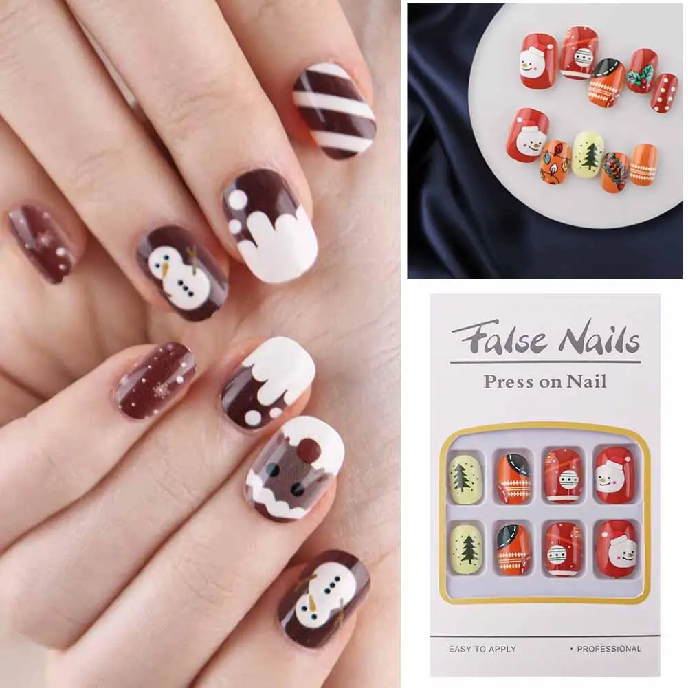 

Christmas New Purple Rabbit Cute Short False Nails Snowman Pattern Design Wearable Nail Tips Nails Fake On Press Art Elk V2Q3