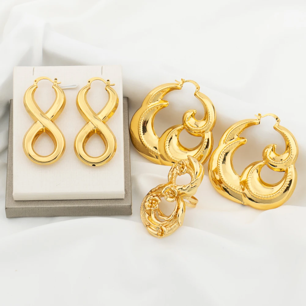 

Gold Color Earrings and Ring Lady Wedding Trendy Pretty Fashion Women Charm Party Number 8 Earring Copper Jewelry Accessories