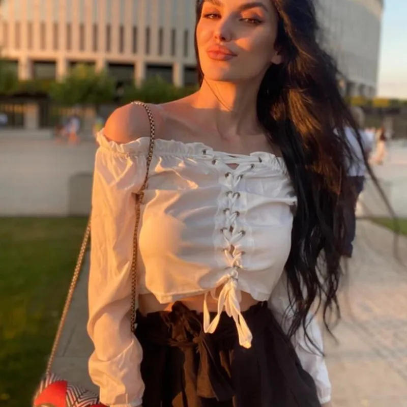 

Women Crop Tops Sexy Off Shoulder Slash Neck Women Blouse Ruffle Lace Up Long Sleeve White Crop Top Women Bandage Short Blusas