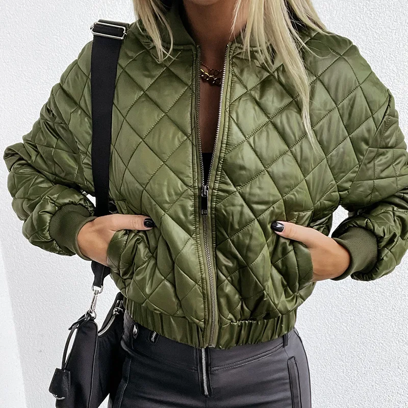 Bomber Jacket Winter Long Sleeve Cotton Coat Zipper Diamond Women Jacket 2022 Autumn Casual Stand Collar Short Outerwear
