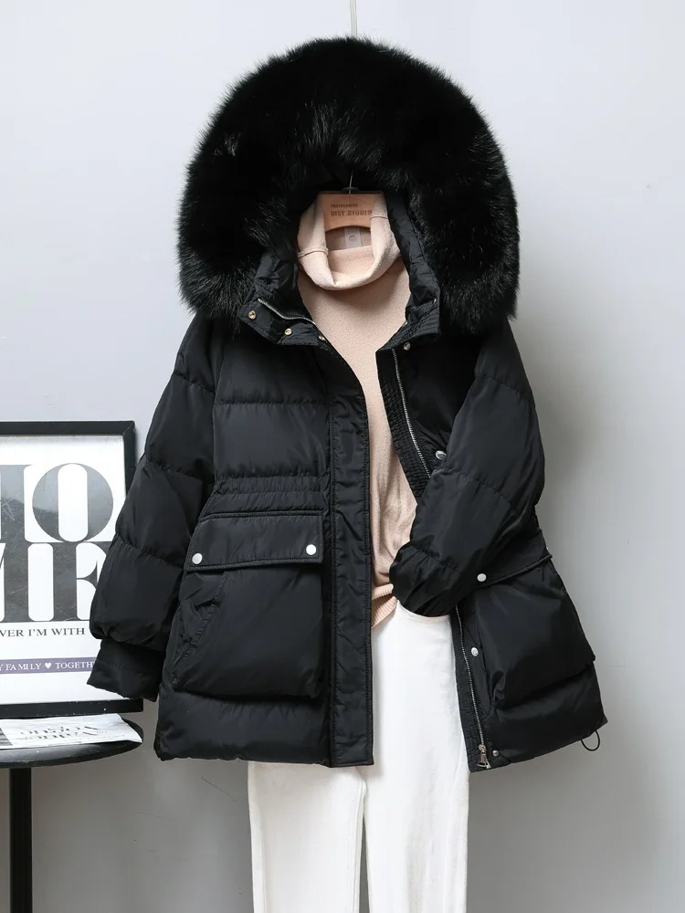 New Women Fox Fur Collar Thick Down Jacket Casual Style Autumn Winter Coats And Parkas Female Outwear